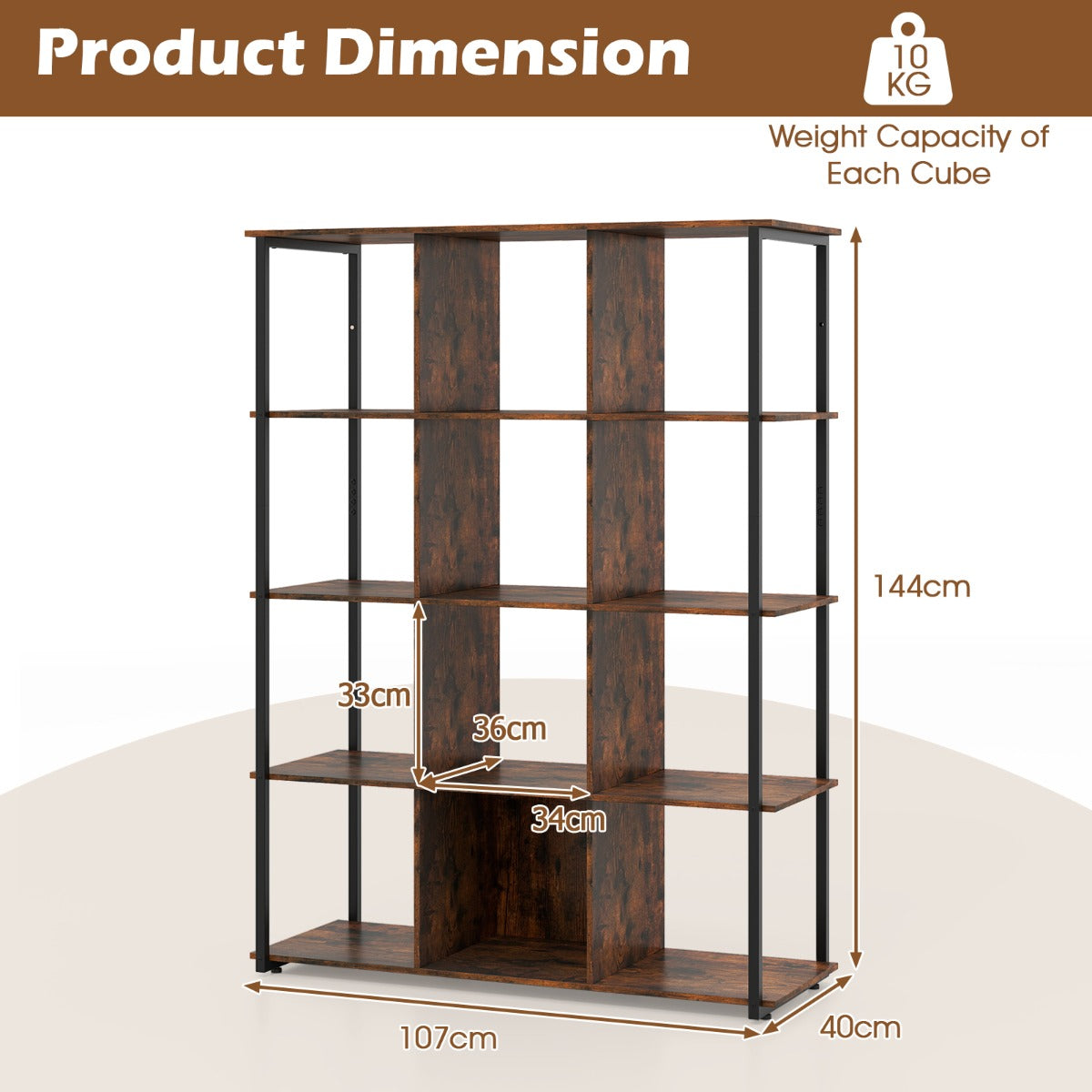 Industrial Open Shelf Display Rack with 2 Anti-tipping Kits for Living Room Bedroom Study-Rustic Brown