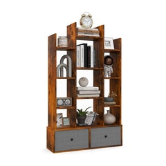 12-Tier Wooden Bookshelf with folding drawer in brown wood finish and grey fabric drawers