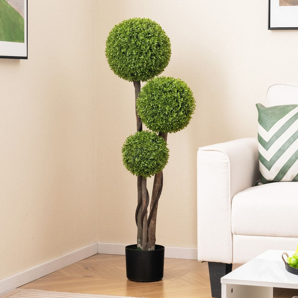 120 CM Artificial Boxwood Topiary Ball Tree with Triple Ball for Home Office
