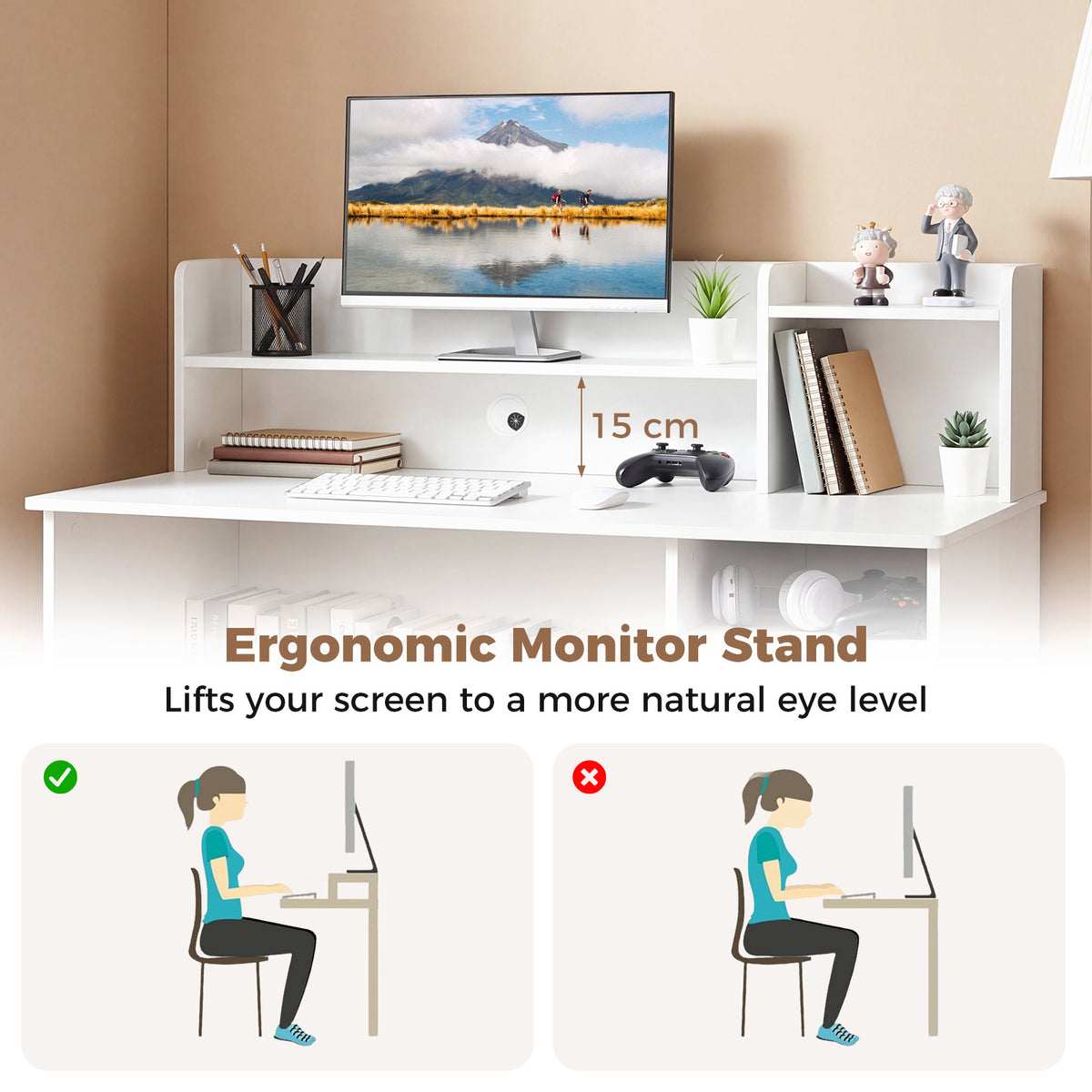 120 CM Computer Desk with Monitor Stand and Storage Cabinet-White