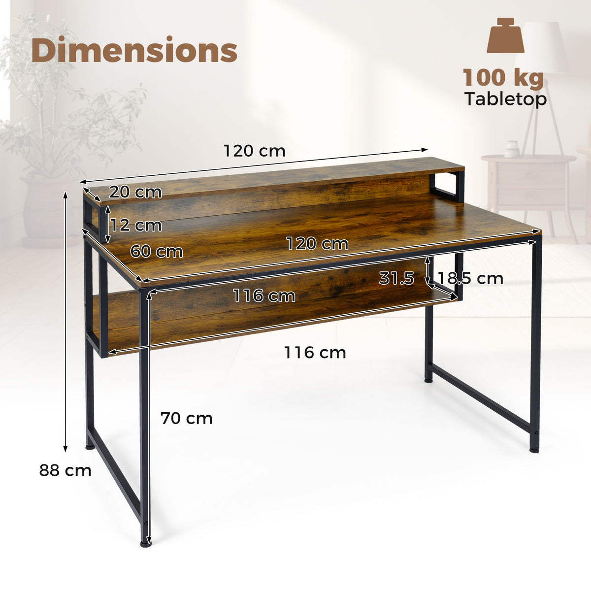 120 CM Office Desk with Monitor Stand Computer Desk with Storage Shelf and Metal Frame-Rustic Brown