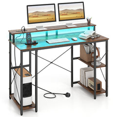 120 cm Computer Desk with Charging Station LED Lights and Storage Shelves-Rustic Brown