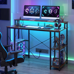 120 cm Computer Desk with Charging Station LED Lights and Storage Shelves-Rustic Brown