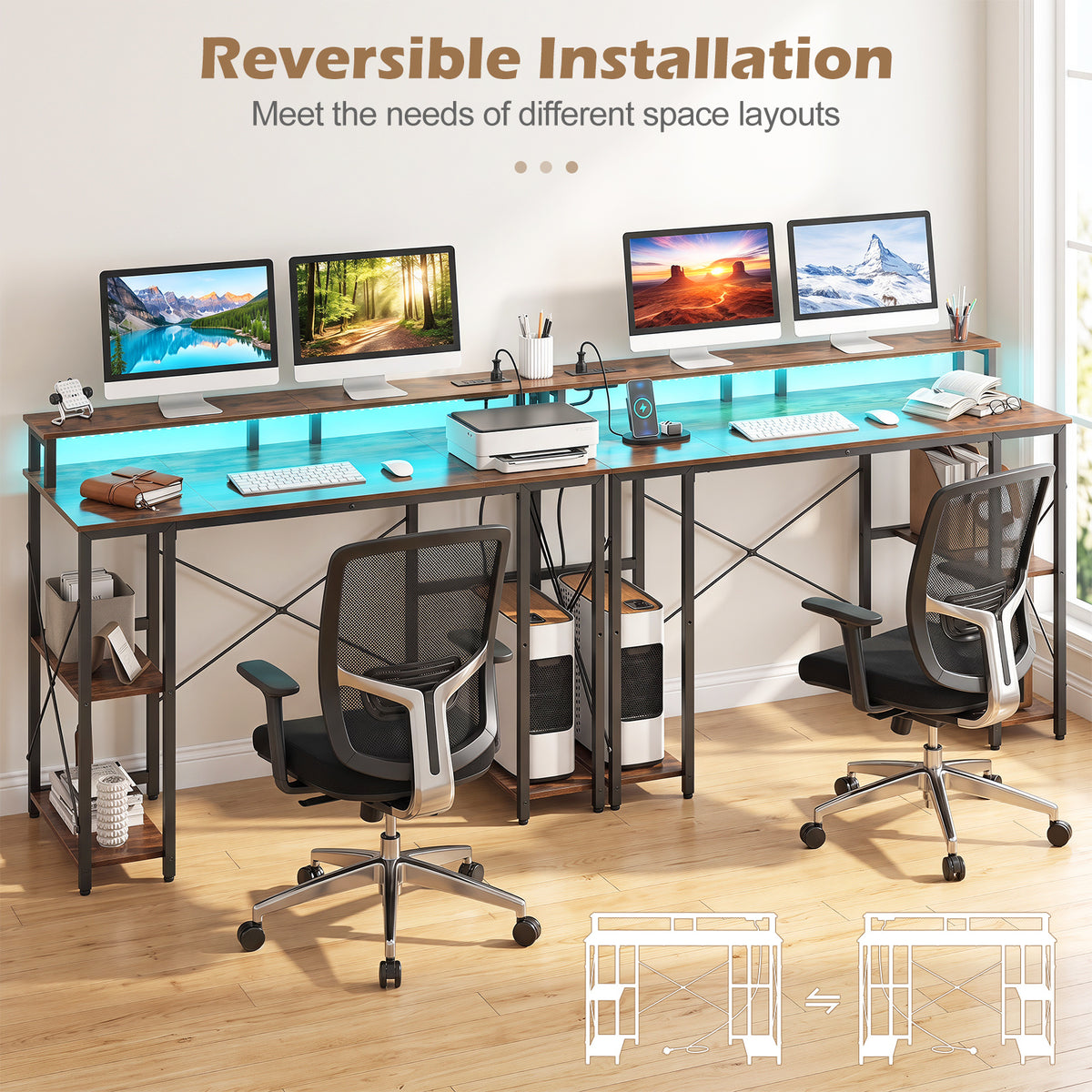 120 cm Computer Desk with Charging Station LED Lights and Storage Shelves-Rustic Brown