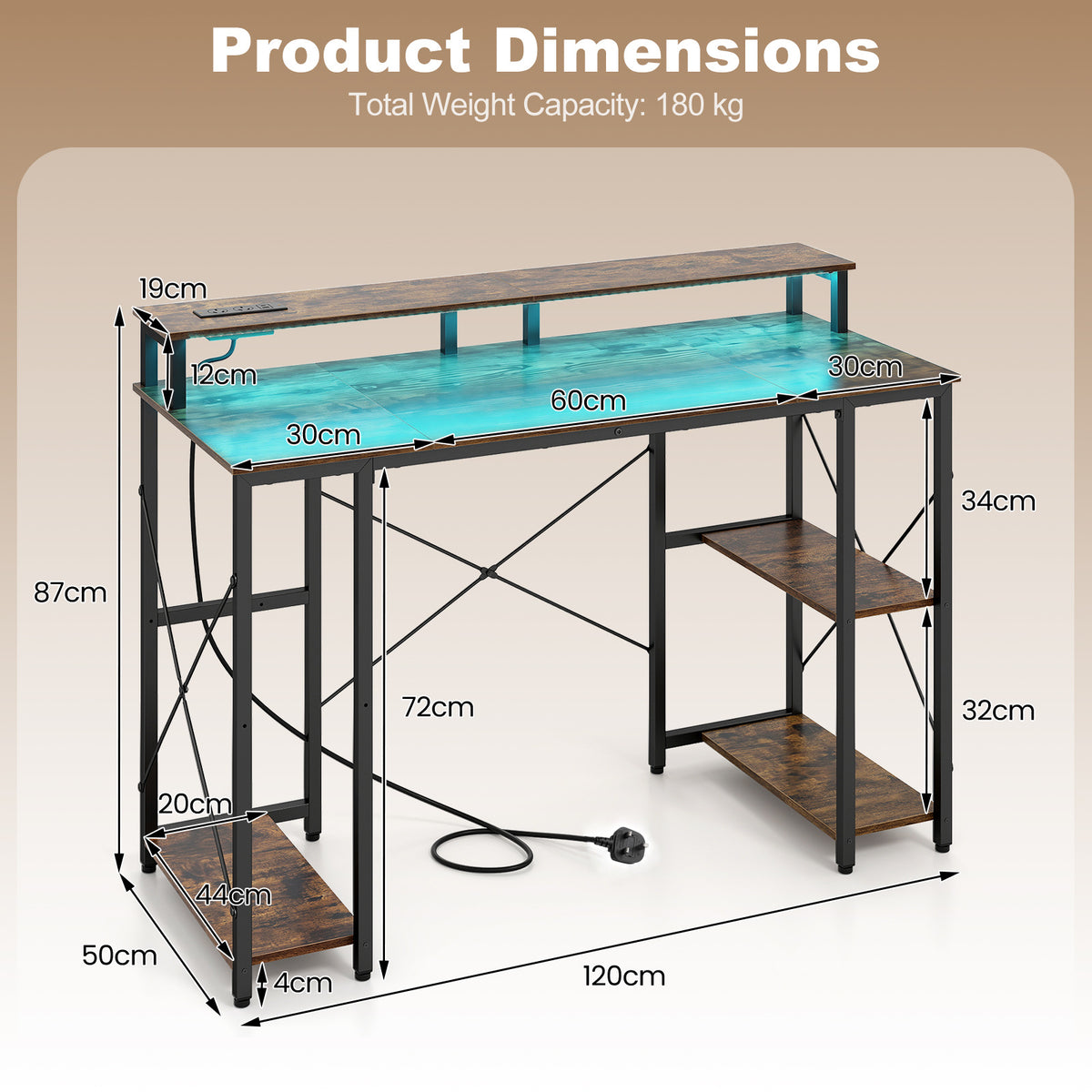120 cm Computer Desk with Charging Station LED Lights and Storage Shelves-Rustic Brown