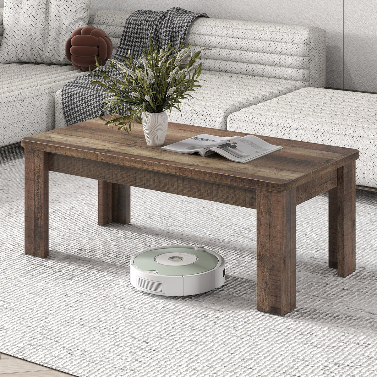 120 cm Farmhouse Coffee Table with Spacious Tabletop-Brown