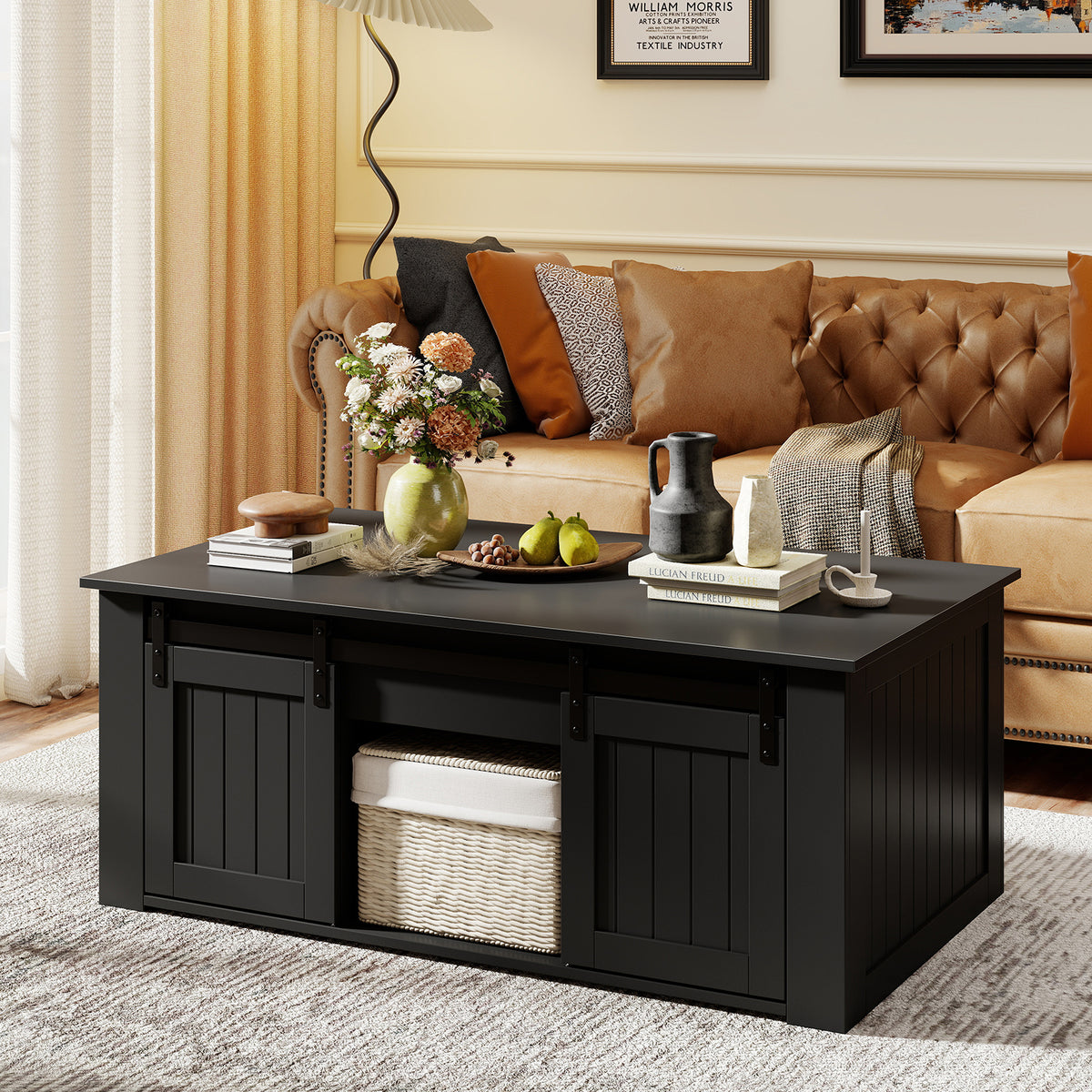 120 cm Lift Top Coffee Table with Barn Sliding Doors and Cabinets for Living Room-Blck