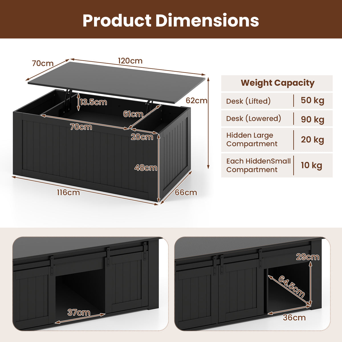 120 cm Lift Top Coffee Table with Barn Sliding Doors and Cabinets for Living Room-Blck