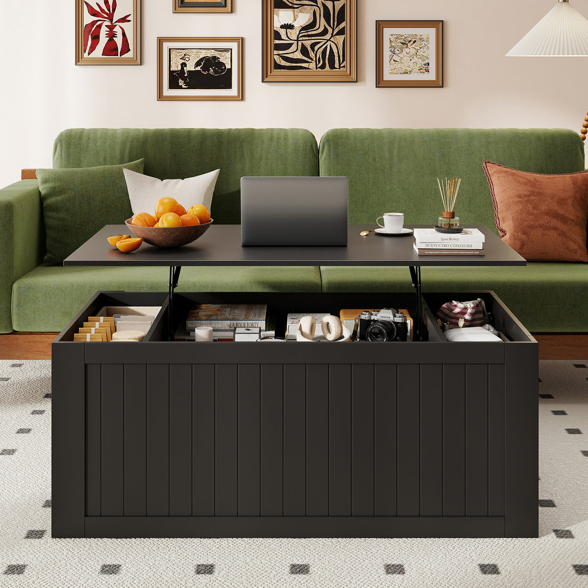 120 cm Lift Top Coffee Table with Barn Sliding Doors and Cabinets for Living Room-Blck