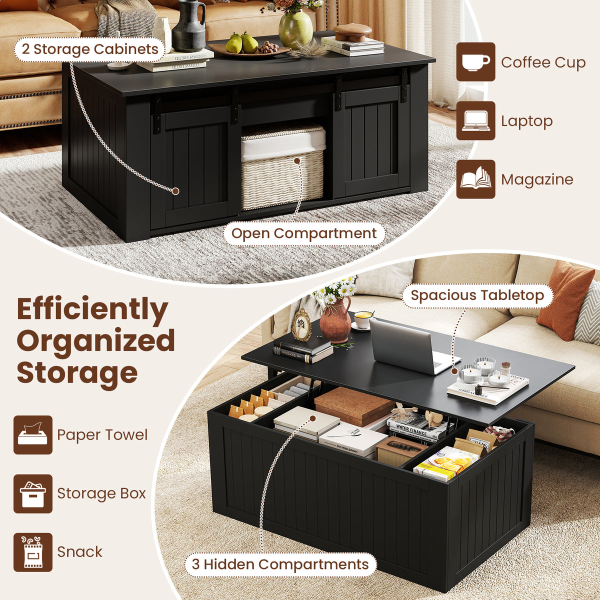 120 cm Lift Top Coffee Table with Barn Sliding Doors and Cabinets for Living Room-Blck