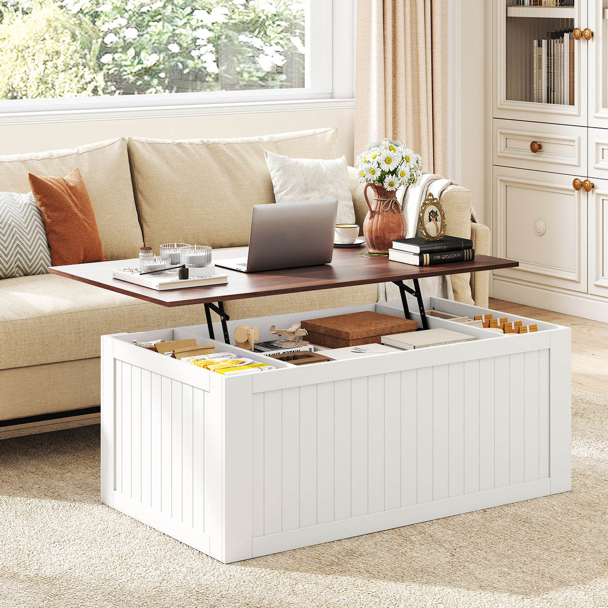 120 cm Lift Top Coffee Table with Barn Sliding Doors and Cabinets for Living Room-White