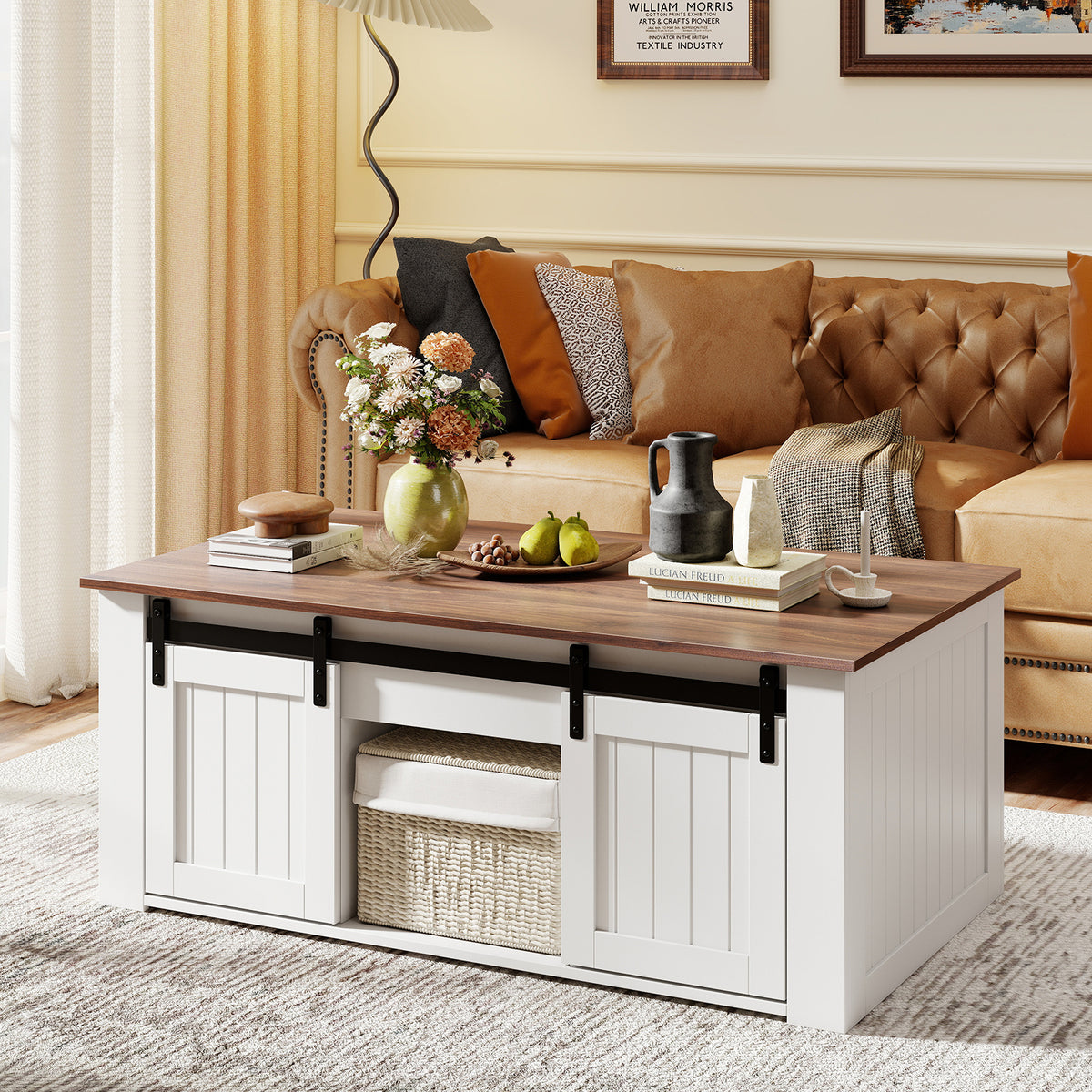 120 cm Lift Top Coffee Table with Barn Sliding Doors and Cabinets for Living Room-White