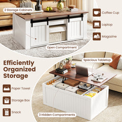 120 cm Lift Top Coffee Table with Barn Sliding Doors and Cabinets for Living Room-White