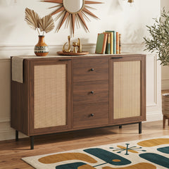 120 cm Sideboard Buffet Cabinet with Storage 2 Rattan Doors and 3 Drawers-Brown