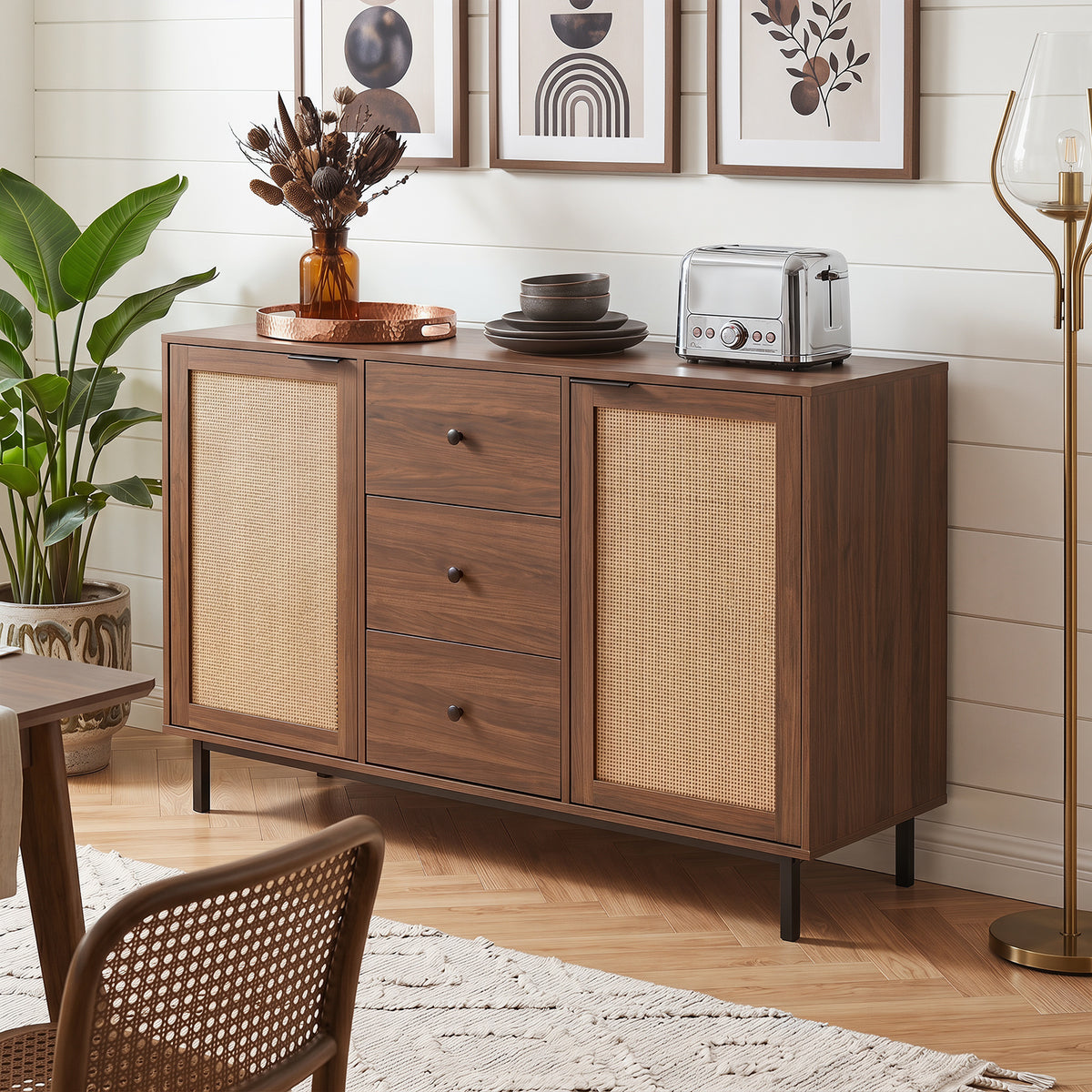 120 cm Sideboard Buffet Cabinet with Storage 2 Rattan Doors and 3 Drawers-Brown