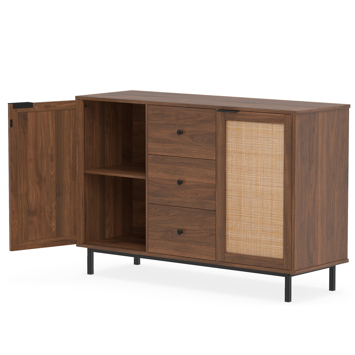 120 cm Sideboard Buffet Cabinet with Storage 2 Rattan Doors and 3 Drawers-Brown