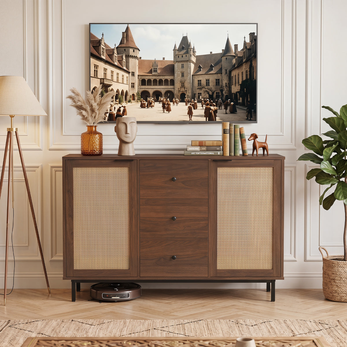 120 cm Sideboard Buffet Cabinet with Storage 2 Rattan Doors and 3 Drawers-Brown