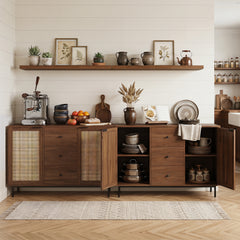 120 cm Sideboard Buffet Cabinet with Storage 2 Rattan Doors and 3 Drawers-Brown