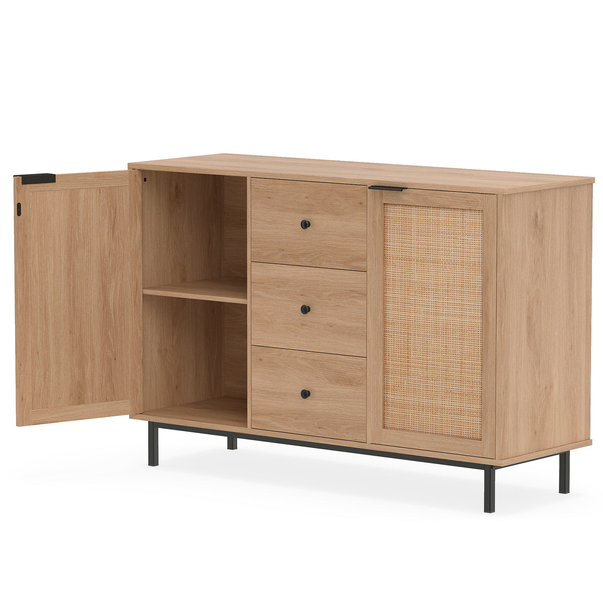 120 cm Sideboard Buffet Cabinet with Storage 2 Rattan Doors and 3 Drawers-Natrual