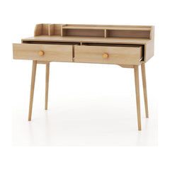 120 CM Writing Desk with hutch and drawers in natural wood finish, front view with drawers open