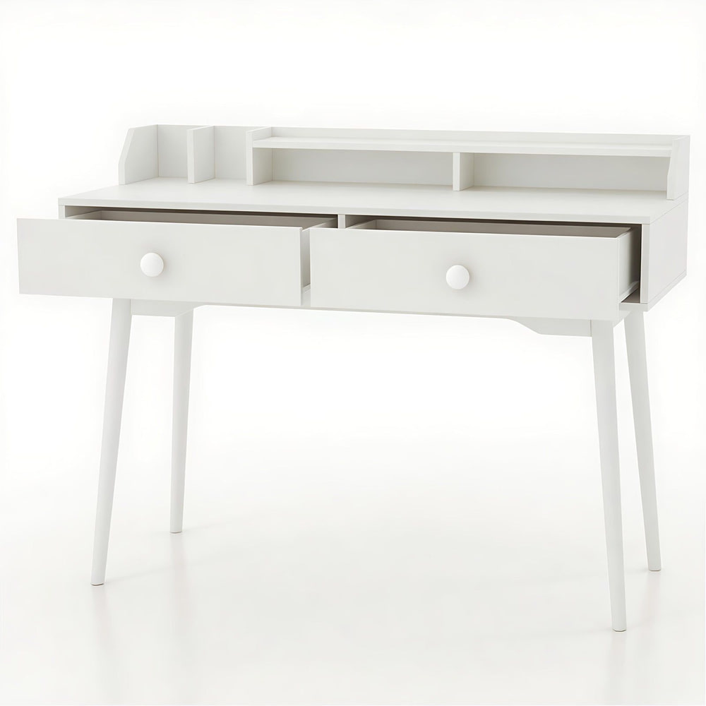 120 CM Writing Desk in white with two drawers pulled open to show the storage space