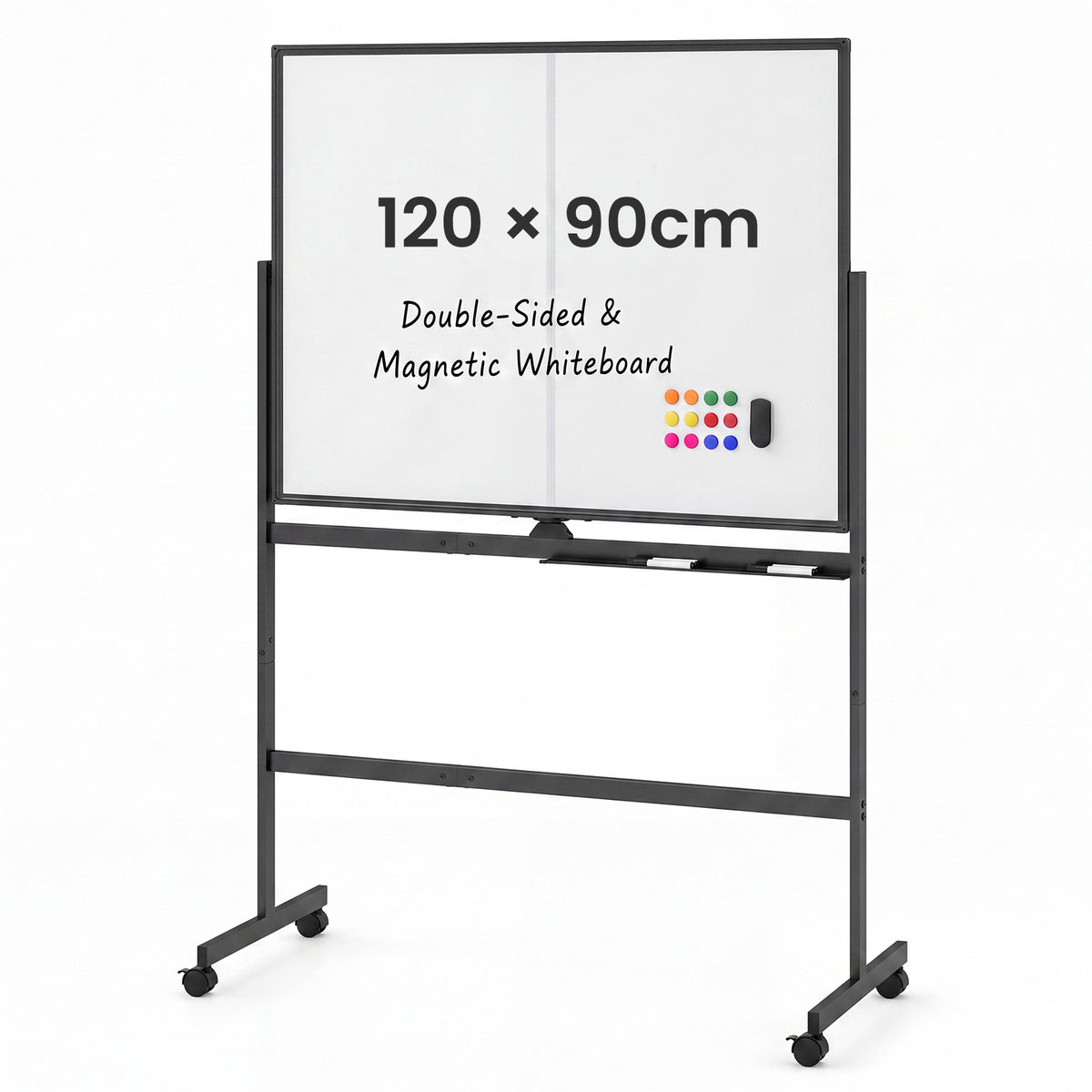120 x 90 cm Mobile White Board with Lockable Universal Wheels and Double-Sided Magnetic Surface-Black