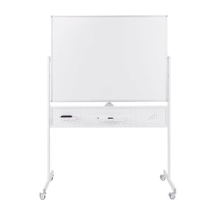 Double-Sided Dry Erase Mobile Board with Stand shown from the front with a white frame and wheels