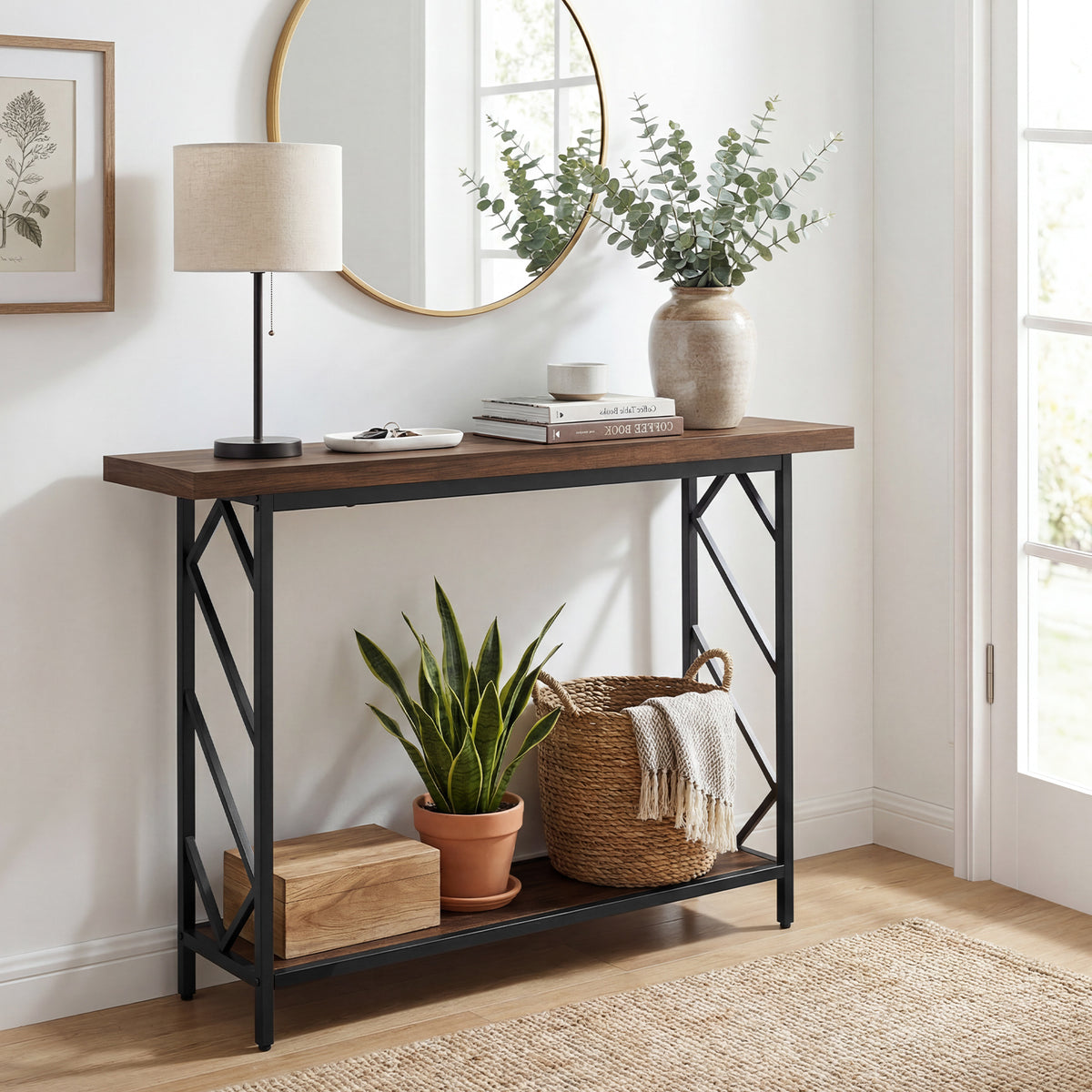 120CM Narrow Console Table 2-Tier Metal Frame with Open Storage Shelf-Rustic Brown