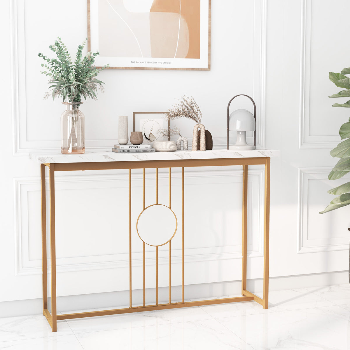 120cm Modern Faux Marble Top Console Table with Heavy-duty Metal Frame-White