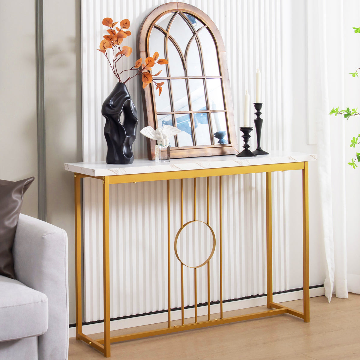 120cm Modern Faux Marble Top Console Table with Heavy-duty Metal Frame-White