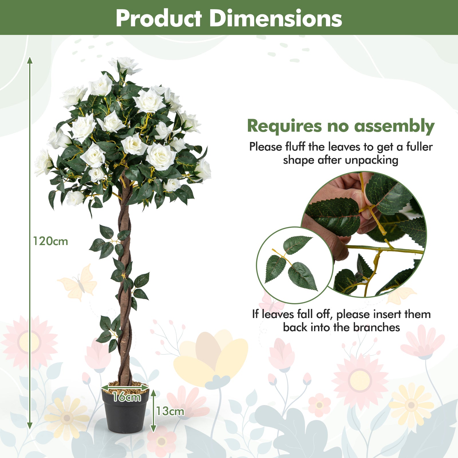 120 CM Artificial Flower Tree Faux Floral Plant with White Roses