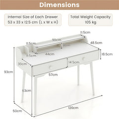 The office desk shown with technical lines and labels indicating its measurements