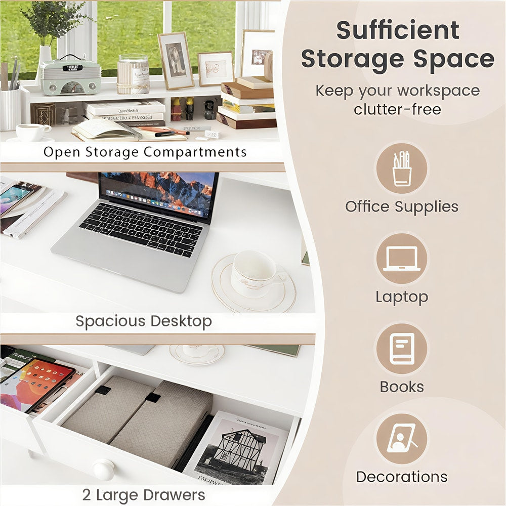 The office desk highlighting storage features like compartments and large drawers
