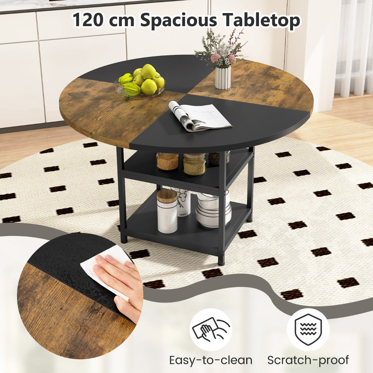 120 cm Dining Table with 2-tone Color-blocked Design-Black