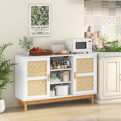 120 CM Sideboard Buffet Cabinet with 2 Bamboo Woven Doors and 3 Open Shelves-White