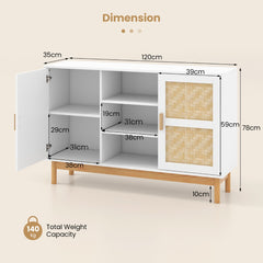 120 CM Sideboard Buffet Cabinet with 2 Bamboo Woven Doors and 3 Open Shelves-White