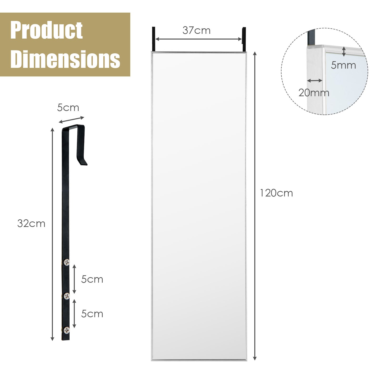 120 x 37 cm Full Length Wall Hanging Mirror with Adjustable Hook-Silver