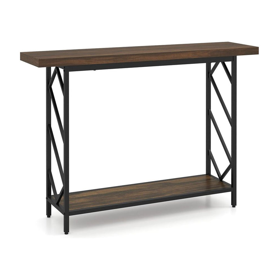 120CM Narrow Console Table 2-Tier Metal Frame with a rustic brown finish and black side supports