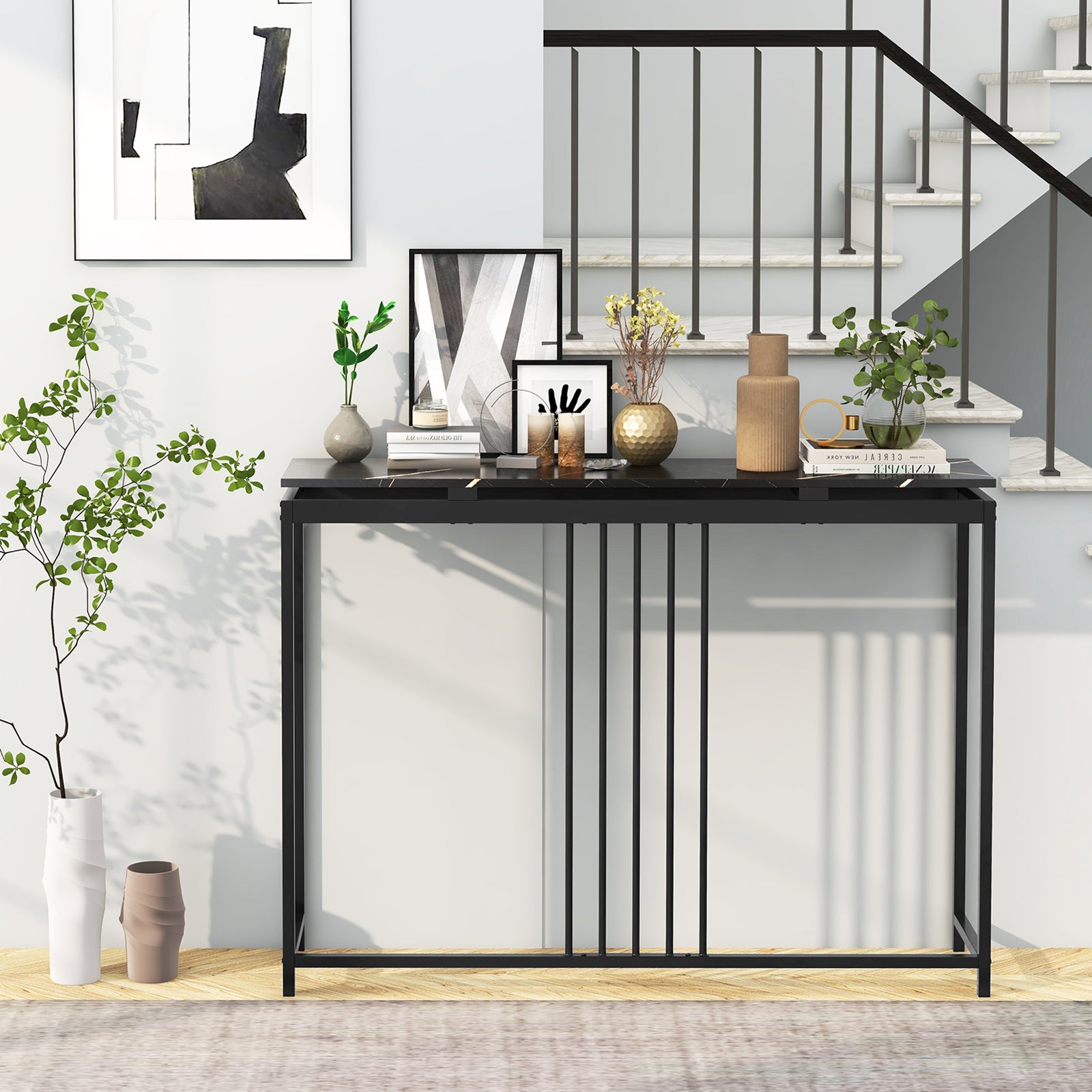 120cm Console Table Narrow Entryway Table with Faux Marble Tabletop-Black