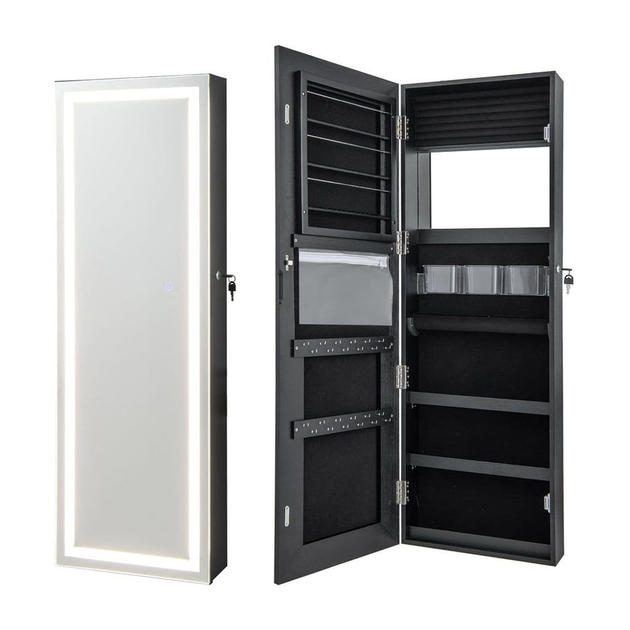 120cm LED Mirror Jewelry Cabinet with 3-Color Lights and Lockable Magnetic Door-Black