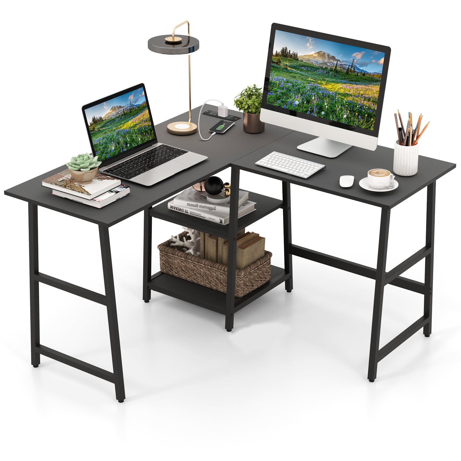120cm L-Shaped Computer Desk Corner Study Writing Desk with Outlets-Black