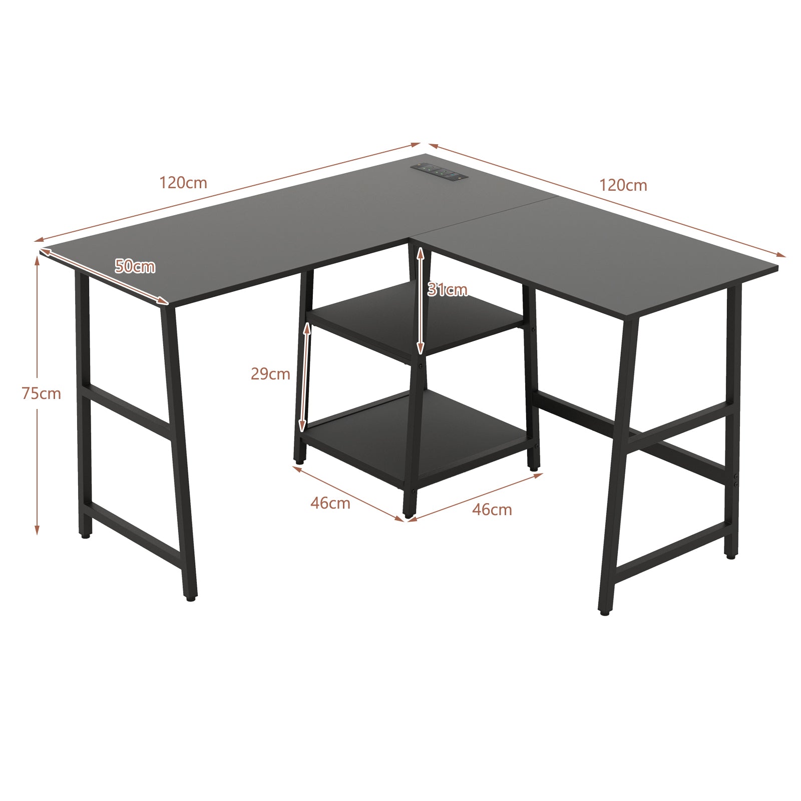120cm L-Shaped Computer Desk Corner Study Writing Desk with Outlets-Black