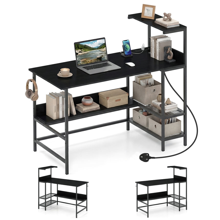 122.5 CM Computer Desk with Power Outlets & Storage Shelves and Headphone Hook for Working-Black