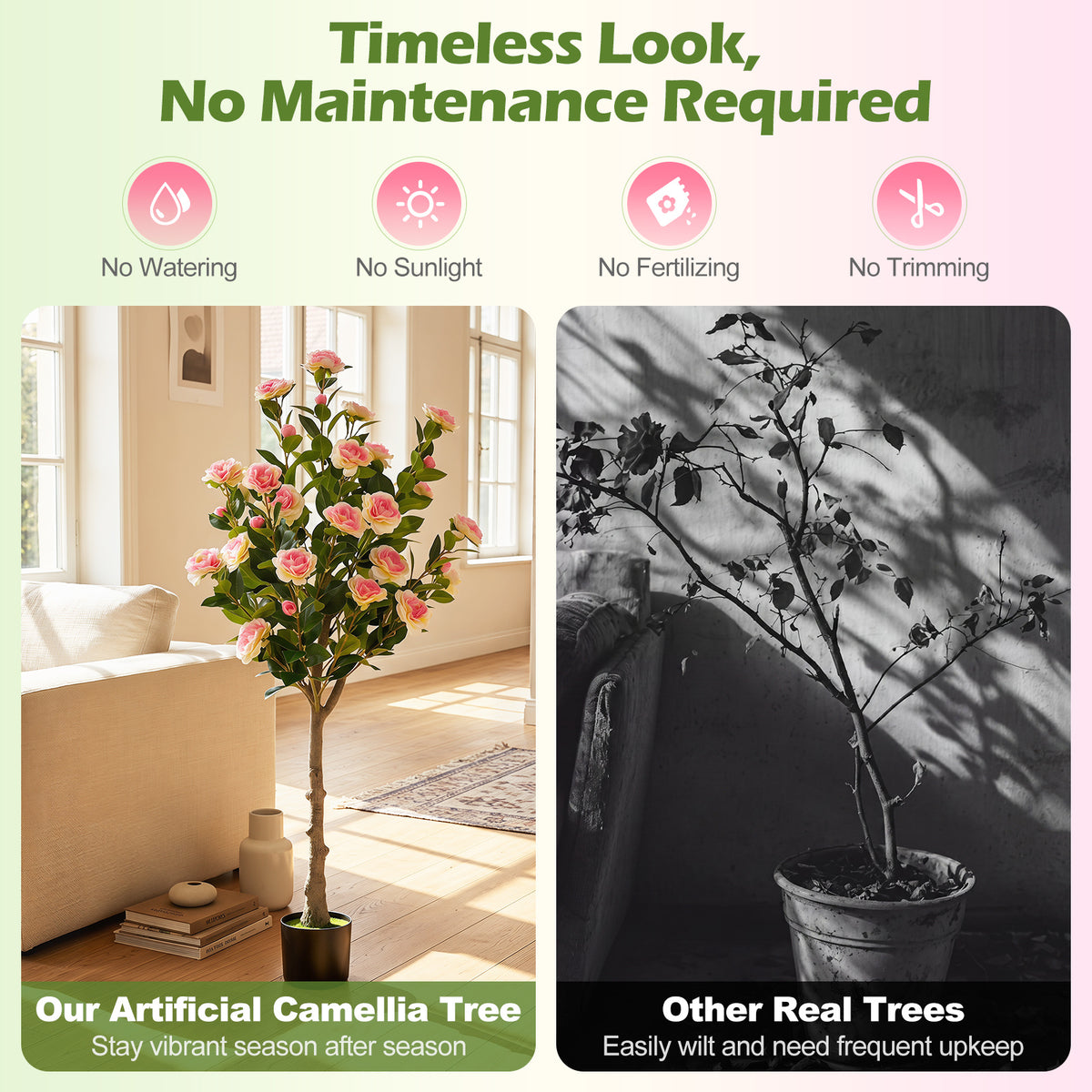 125 CM Artificial Camellia Tree Set of 1 with 27 Blossoms for Home