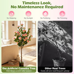 125 CM Artificial Camellia Tree Set of 2 with 54 Blossoms for Home