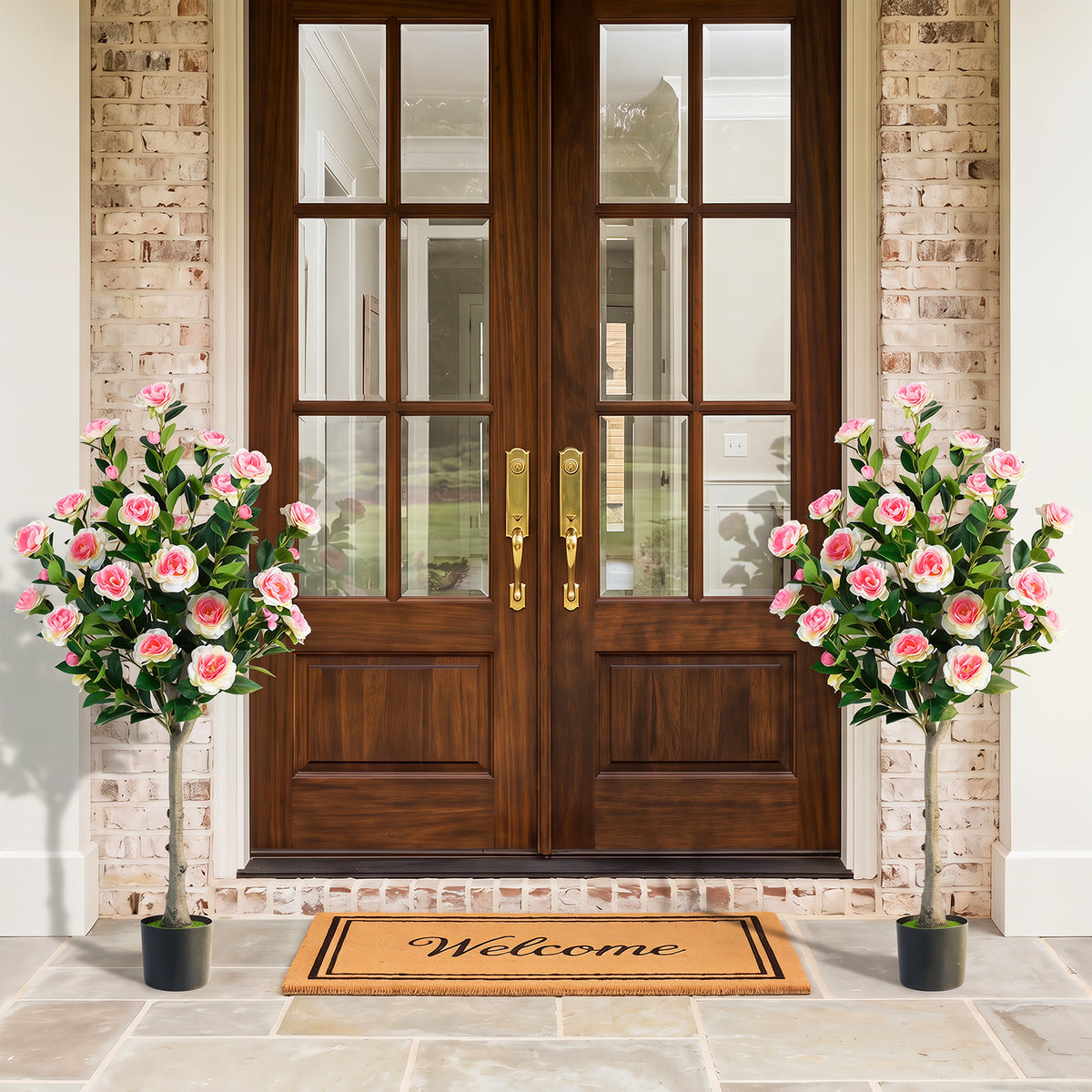 125 CM Artificial Camellia Tree Set of 2 with 54 Blossoms for Home