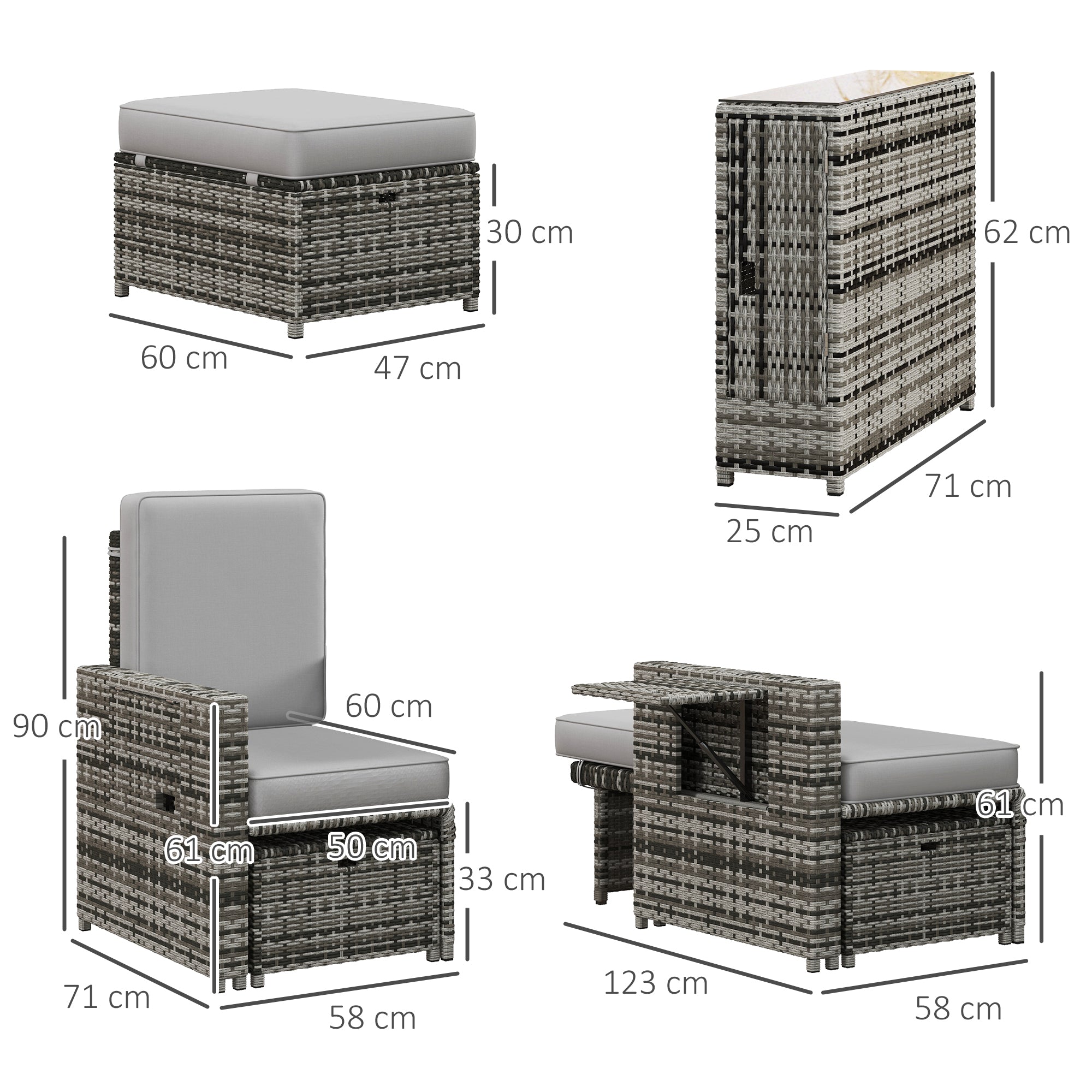 Outsunny Rattan Sun Lounger w/ Storage Tea Table & Footstools, Grey