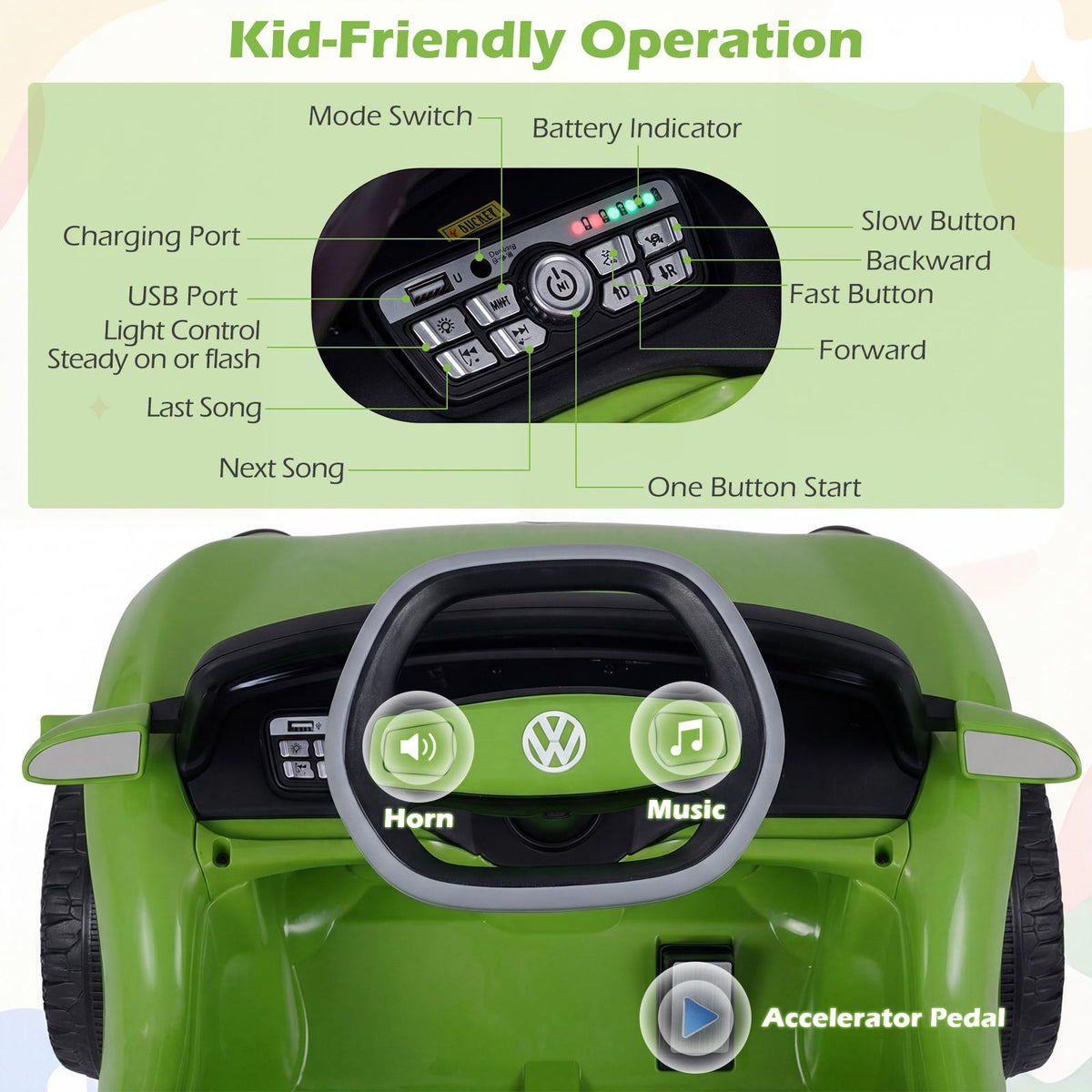 12V Kids Electric Car Licensed Volkswagen with Remote and LED Headlights-Green