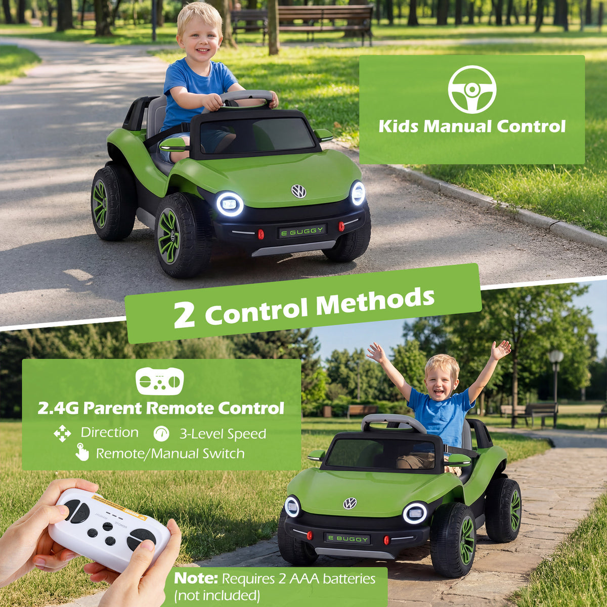 12V Kids Electric Car Licensed Volkswagen with Remote and LED Headlights-Green