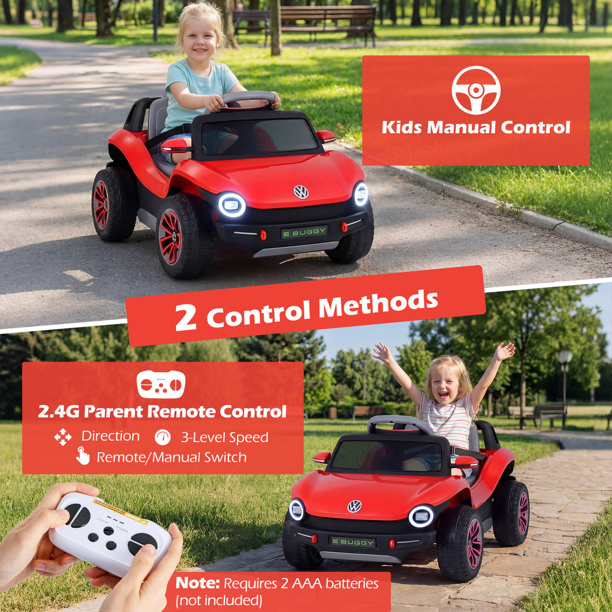 12V Kids Electric Car Licensed Volkswagen with Remote and LED Headlights-Red